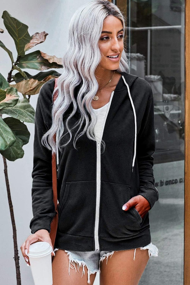 WROLEM Women Casual Zip Up Hoodie Lightweight Comfy Loose Long Sleeve Sweatshirt Solid Color With Pockets Medium Black - Image 2